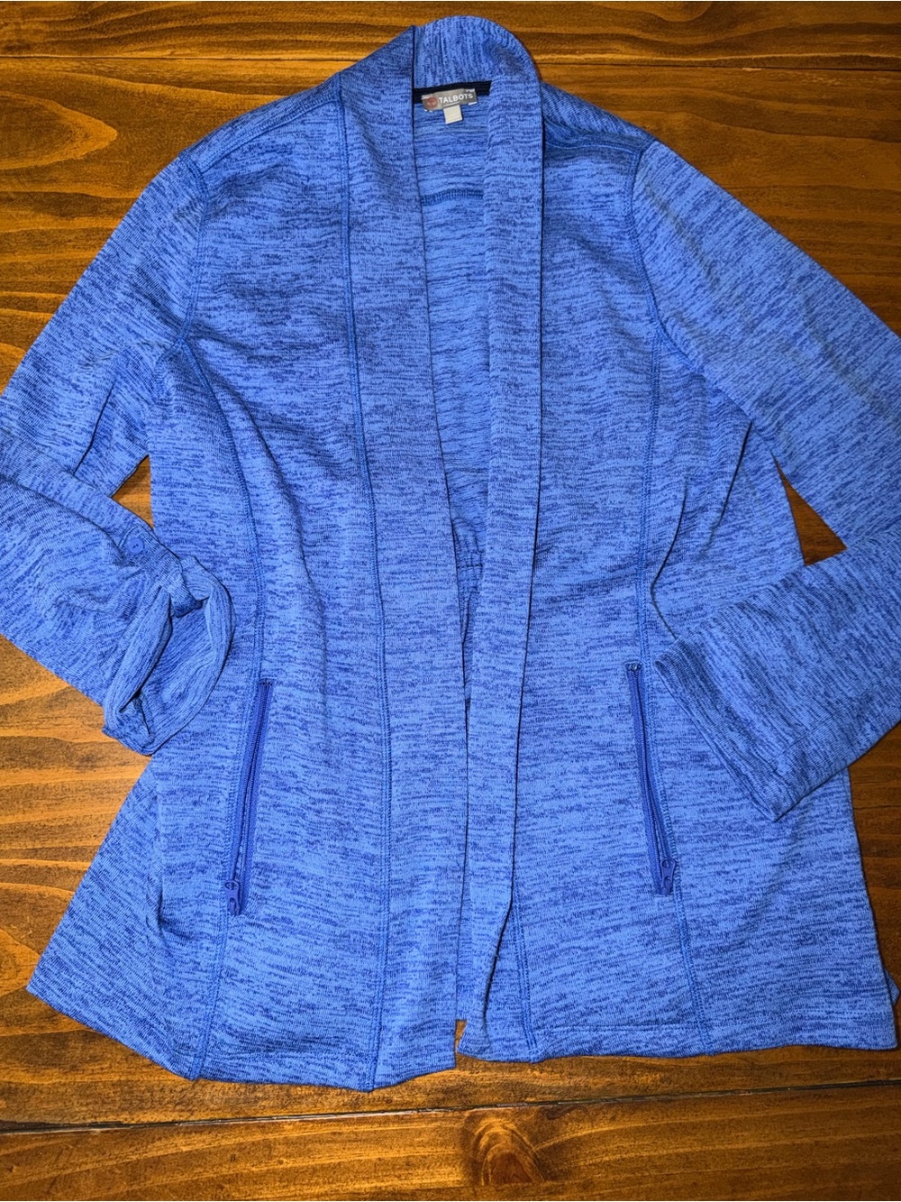Talbots Women’s MP Medium Petite Blue Open Front Cardigan Jacket Zip Pockets